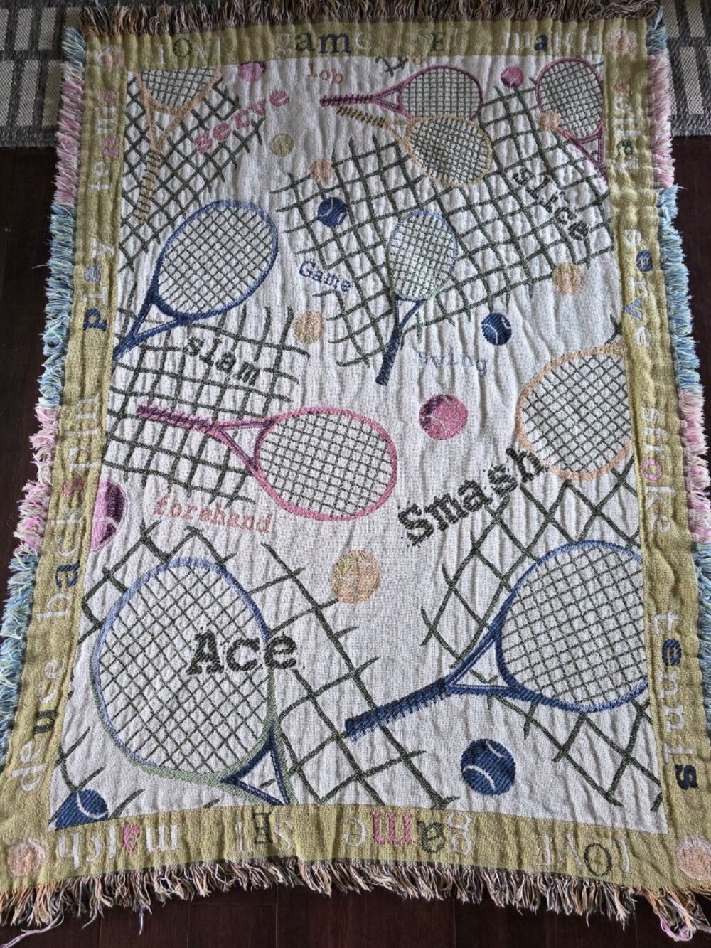 Vintage Tennis Woven Tapestry Throw Blanket 45x60 Fringe Sports Goodwin Weavers